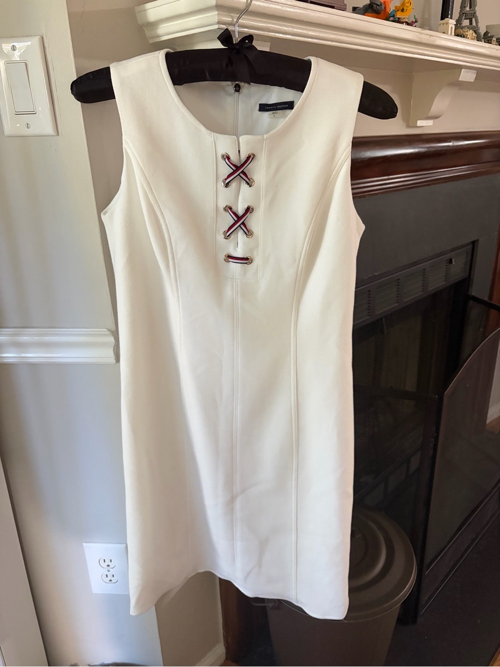 Tommy Hilfiger White Sleeveless Midi Dress with Red-Navy Lace-Up